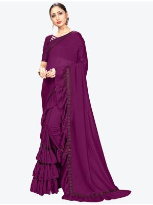 Wine Ruffle Frill Fine Georgette Designer Saree small FABSA21171