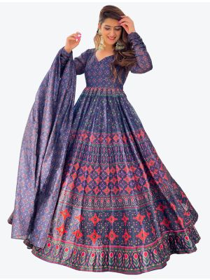 blue chanderi digital printed anarkali gown with dupatta fabgo20100
