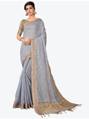Bluish Grey Printed And Woven Cotton Silk Designer Saree small FABSA21195