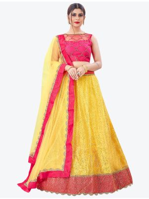 Bright Yellow Mono Net Festive Wear Designer Lehenga Choli with Dupatta small FABLE20153