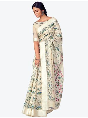 Creamy White Printed And Woven Pure Cotton Designer Saree small FABSA21187