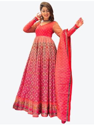gradient pink chanderi digital printed anarkali gown with dupatta fabgo20098