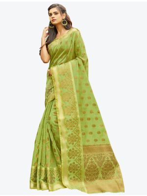 Light Green Heavy Woven Work Handloom Cotton Designer Saree small FABSA21200