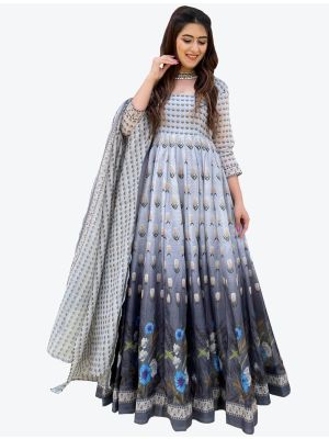 light grey chanderi digital printed anarkali gown with dupatta fabgo20099
