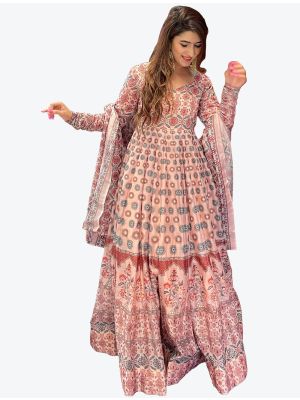 light peach chanderi digital printed anarkali gown with dupatta fabgo20097