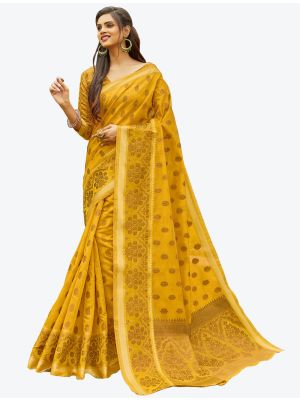 Mustard Yellow Heavy Woven Work Handloom Cotton Designer Saree small FABSA21205