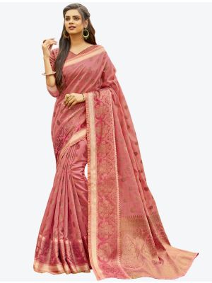 Onion Pink Heavy Woven Work Handloom Cotton Designer Saree small FABSA21202