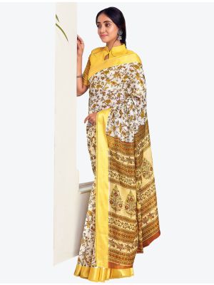 Pale White Printed And Woven Pure Cotton Designer Saree small FABSA21193