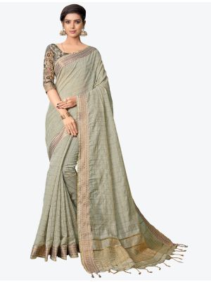 Pastel Grey Printed And Woven Cotton Silk Designer Saree small FABSA21199