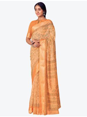 Pastel Orange Printed And Woven Pure Cotton Designer Saree small FABSA21188
