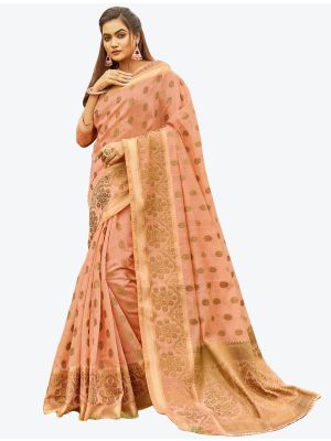 Perfect Peach Heavy Woven Work Handloom Cotton Designer Saree small FABSA21201