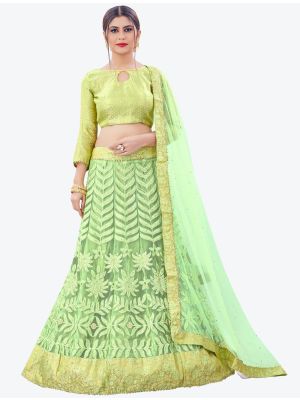 Pista Green Mono Net Festive Wear Designer Lehenga Choli with Dupatta small FABLE20157
