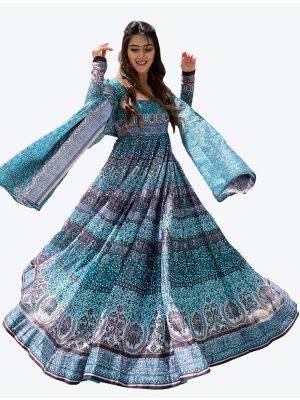 sea blue chanderi digital printed anarkali gown with dupatta fabgo20096