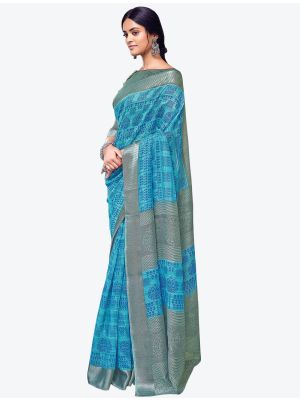 Sea Blue Printed And Woven Pure Cotton Designer Saree small FABSA21192