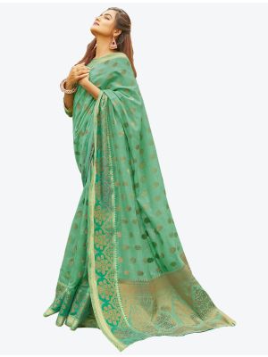 Seafoam Green Heavy Woven Work Handloom Cotton Designer Saree small FABSA21203