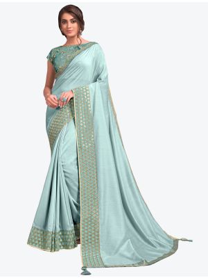 Sky Blue Premium Satin Silk Festive Wear Designer Saree thumbnail FABSA21222