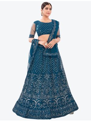 Teal Blue Net Festive Wear Designer Lehenga Choli with Pattern Embroidery FABLE20149