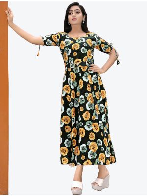 black fine polyster digital printed casual wear frock fabku20465