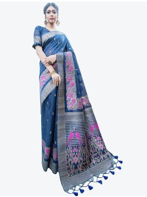 Blue Heavy Woven Work Tussar Silk Designer Saree small FABSA21249