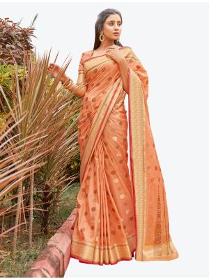 Bright Peach Woven Work Handloom Cotton Designer Saree small FABSA21251