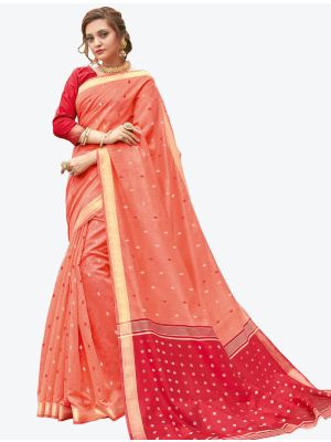 Bright Peach Woven Work Pure Cotton Festive Wear Designer Saree small FABSA21234