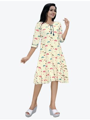 cream fine polyster digital printed casual wear frock fabku20471