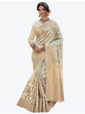 Cream Woven Zari Linen Festive Wear Designer Saree small FABSA21242