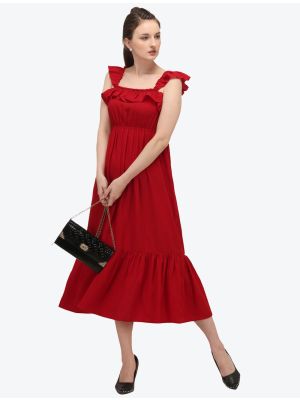 crimson red crushed casual wear frock swatch fabku20460