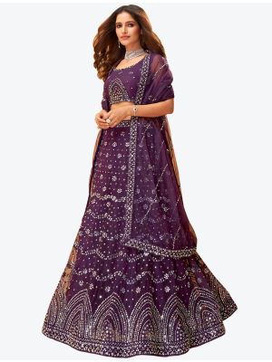 Dark Purple Net Wedding Wear Heavy Designer Lehenga Choli with Dupatta small FABLE20168