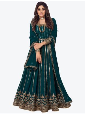 Dark Teal Sequence Embroidered Pure Georgette Anarkali Floor Length Suit small FABSL20584