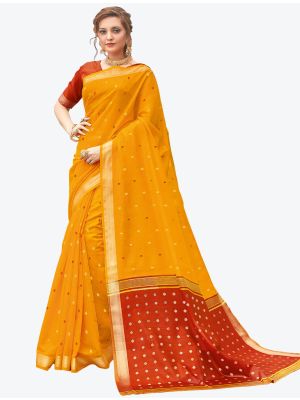 Dark Yellow Woven Work Pure Cotton Festive Wear Designer Saree small FABSA21233