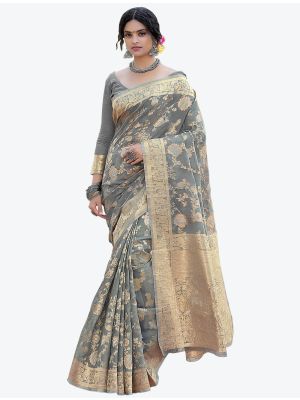 Deep Grey Woven Zari Linen Festive Wear Designer Saree small FABSA21244