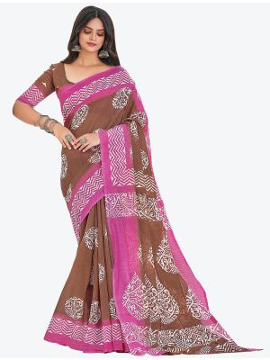 Earthy Brown Printed Fine Cotton Designer Saree small FABSA21231