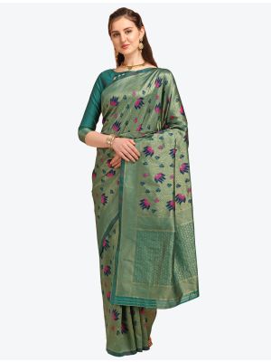 Faded Green Printed And Woven Banarasi Cotton Designer Saree FABSA21258