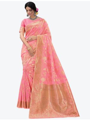 Light Pink Woven Zari Linen Festive Wear Designer Saree small FABSA21239
