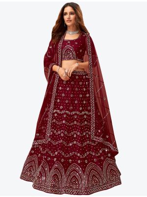 Maroon Net Wedding Wear Heavy Designer Lehenga Choli with Dupatta small FABLE20167