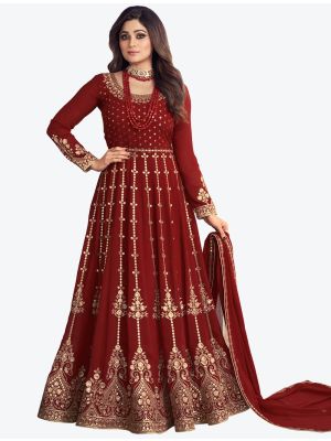 Maroon Sequence Embroidered Pure Georgette Anarkali Floor Length Suit small FABSL20581