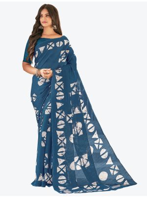 Ocean Blue Printed Fine Cotton Designer Saree small FABSA21230