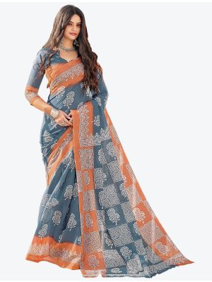 Pastel Blue Printed Fine Cotton Designer Saree small FABSA21225