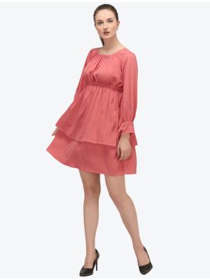 pastel peach crushed casual wear frock swatch fabku20461