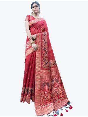 Red Heavy Woven Work Tussar Silk Designer Saree small FABSA21248