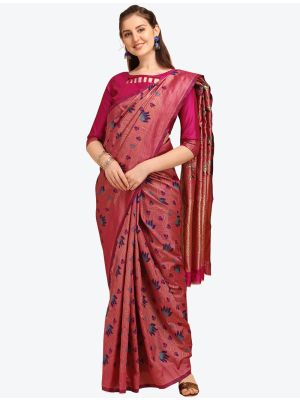 Reddish Pink Printed And Woven Banarasi Cotton Designer Saree FABSA21257