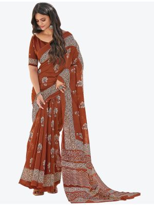 Rusty Brown Printed Fine Cotton Designer Saree small FABSA21232