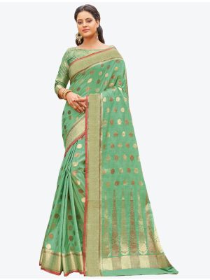 Seafoam Green Woven Work Handloom Cotton Designer Saree small FABSA21253