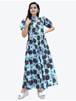 sky blue fine polyster digital printed casual wear frock fabku20467