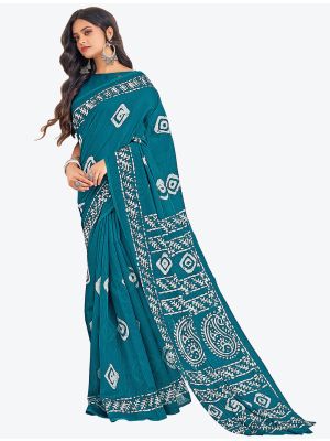 Teal Blue Printed Fine Cotton Designer Saree small FABSA21227