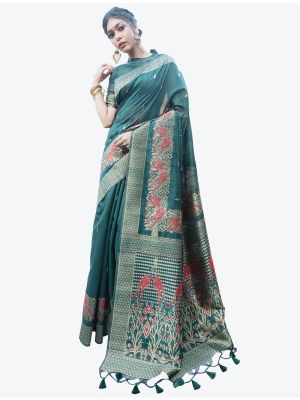 Teal Heavy Woven Work Tussar Silk Designer Saree small FABSA21247