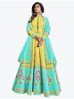 Bright Yellow Digital Patola Printed Killer Silk Readymade Anarkali Suit FABSL20592