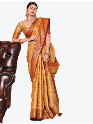 Dark Mustard Woven Jacquard Work Silk Designer Saree small FABSA21284