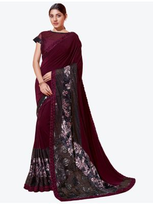 Dark Wine Lycra Heavy Embroidery Work Party Wear Designer Saree FABSA21264